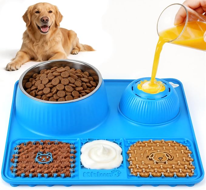 Dog Lick Bowl with Rolling Ball for Liquid and Thick Treat—3 in 1 Slow Feeder Dog Bowls+Lick Mat+50oz Stainless Steel Food Bowl,Anti-Slip 5/6 Cup Licking Toy for Medium Large Dogs and Cats Blue