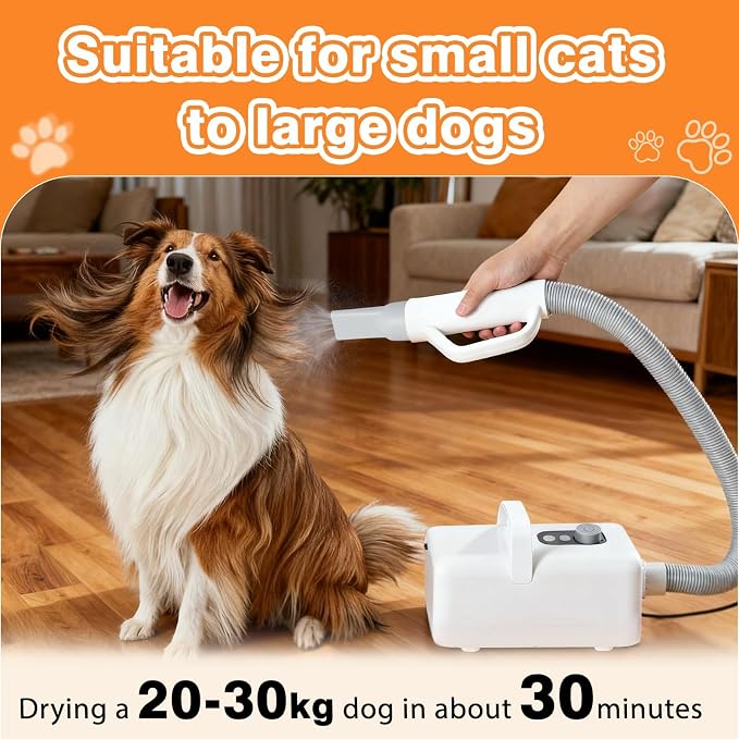 FansaFurn Professional 1550W High-Velocity Pet/Dog Grooming Dryer Blower - Adjustable Speed & Temperature with Heater & 4 Nozzle Attachments (White)