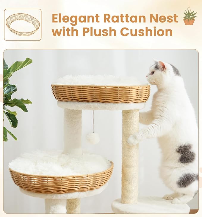 Made4Pets 32in PE Rattan Cat Tree Tower, 2 Large Handwoven Nest Baskets with Soft Cushions, Scratching Post, Stable Wicker Cat Tree with Groomer & Hanging Ball Toys for Adult and Kittens