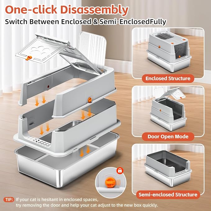 Stainless Steel Litter Box with lid,165° Flip-Top Large Enclosed Cat Litter Box with Metal Litter Scoop & Cat Litter Mat.Non-Sticky, Non-Odor, Easy Cleaning-Light Gray
