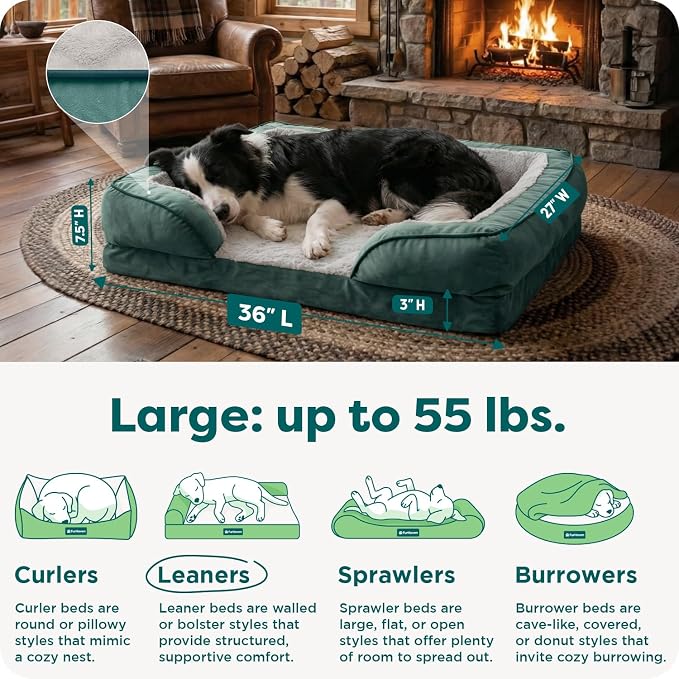 Furhaven Orthopedic Dog Bed for Large/Medium Dogs w/ Removable Bolsters & Washable Cover, For Dogs Up to 55 lbs - Plush & Velvet Waves Perfect Comfort Sofa - Celadon Green, Large