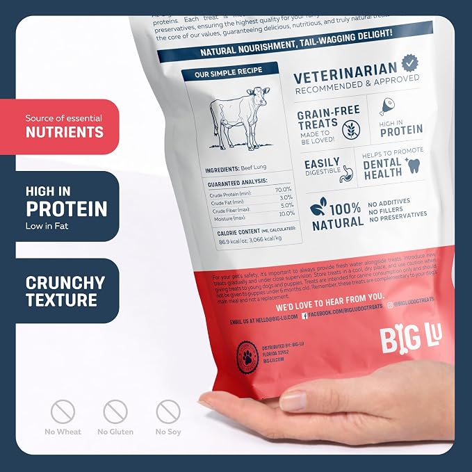 Big Lu – Bulk High-Protein Training Dog Treats, 100% Natural Single-Ingredient Beef Lung Bites, Rich in Glucosamine & Chondroitin for Joint Health, 40 oz