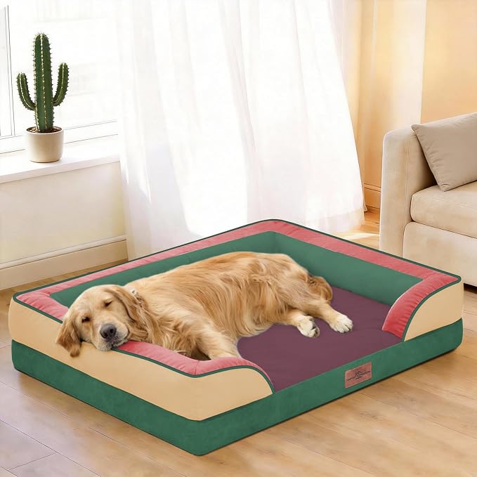 Comfort Expression Orthopedic Dog Bed for Extra Large Dogs 42x30 Inch, Waterproof Egg Crate Foam XL Pet Bed with Bolsters, Dog Couch with Washable Cover & Non-Slip Bottom, Watermelon Meadow
