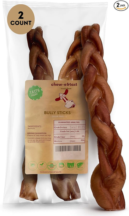 chew-e&tasty 12" Monster Braided Bully Sticks (Pack of 2) Odor Free Long Lasting Beef Chews- Made & Packaged at Food-Grade Facility High Protein Dental Treats for Very Aggressive Chewers
