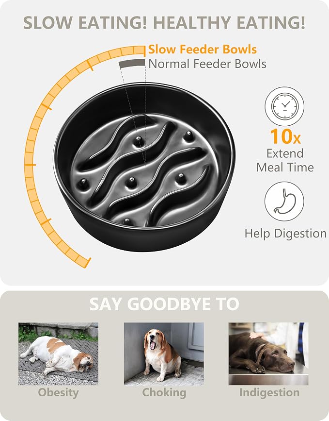 Ceramic Slow Feeder Dog Bowls for Small Dogs, 0.6 Cup Dog Slow Feeder for Fast Eater, Puzzle Maze Bowl, 14oz, 6in, Black