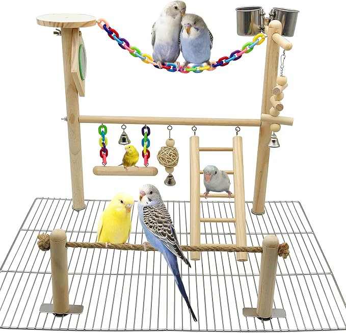 Bird Playground Top Cage, Parrot Gym Hanging Chewing Toys, Cage Top Play Stand for Conure, Parakeets, Budgie, Cockatiels, Lovebirds, Wood Perch Toys