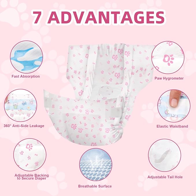 Disposable Dog Diapers Female 90 Count Doggie Diapers for Female Dogs (Waist 16-22 in XL) Super Absorbent Extra Large Dog Pads for Heat Excitable Urination or Incontinence - Pink