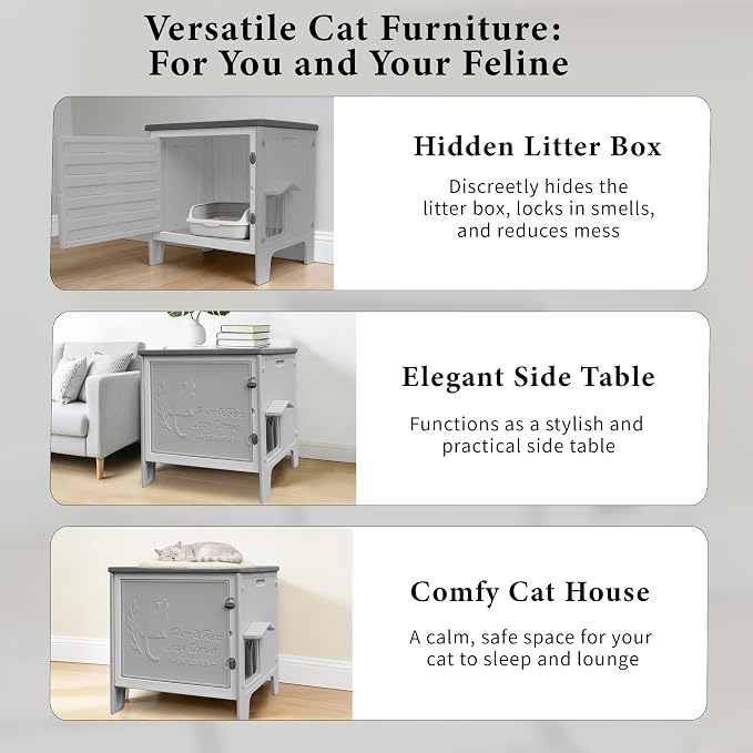 Cat Litter Box Enclosure Furniture Plastic Hidden Enclosed Litter Box Cabinet Cat House Kitty End Table for Living Room, Entryway, Balcony, Bedroom