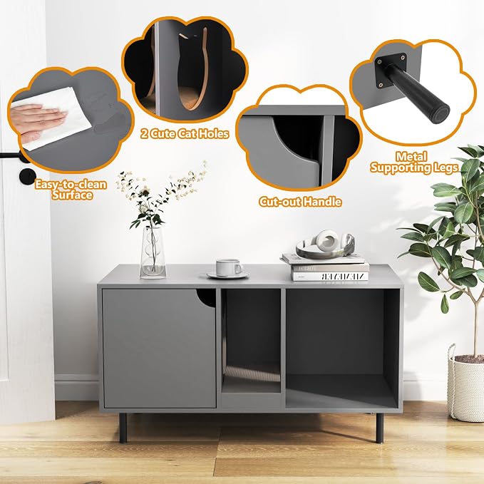 PETSITE Cat Little Box Enclosure, Litter Box Furniture with Removable Scratcher, Metal Legs, Cat Box Enclosure End Side Table, Hidden Litter Box Furniture, 40 x 21 x 22 inches (Grey)