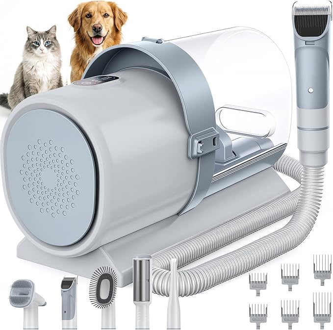 NEWBULIG Pet Grooming Vacuum Kit, 2.5L Dust Cup, 3 Suction Modes and 5 Groomer Tools, Dog Clippers with Cordless Low Noise for Cats, Dogs Other Animals Hair Trimmer