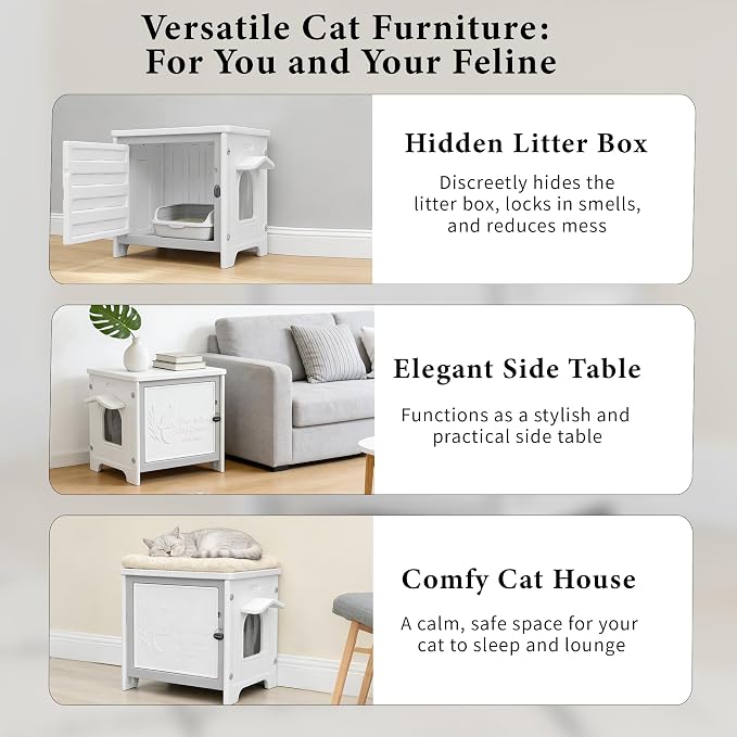 Cat Litter Box Enclosure Furniture Plastic Hidden Enclosed Litter Box Cabinet Cat House Kitty End Table for Living Room, Entryway, Balcony, Bedroom