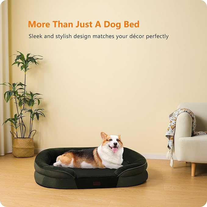Dwanton Orthopedic Dog Bed for Medium Dogs with Gel Memory Foam, Waterproof Dog Sofa, Washable Pet Bed with Four Sided Bolster Cushion, Removable Cover & Non-Slip Bottom, 36", Green