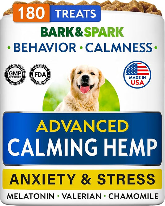 BARK&SPARK Advanced Calming Hemp Treats for Dogs - Hemp Oil + Melatonin - Anxiety Relief - Separation Aid - Stress Relief During Fireworks, Storms, Thunder - Aggressive Behavior, Barking - 180 Chews