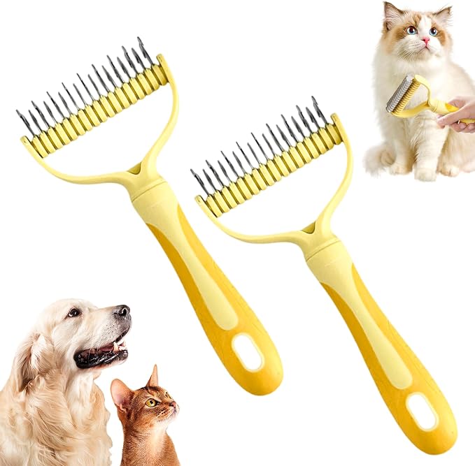 Double-Sided Pet Grooming Brush, 2026 New Undercoat Rake for Long Haired Pets, Multi-Functional Dematting Comb for Home Grooming, Pet Hair Removal Brush for Pet Owners (Yellow, 2pcs)