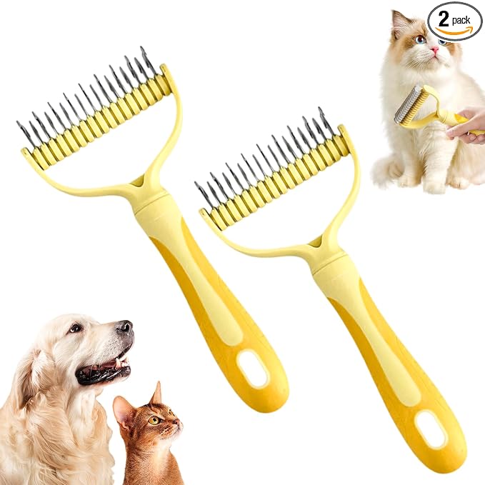 Double-Sided Pet Grooming Brush, 2026 New Dematting Comb for Dogs and Cats, Deshedding Dog Brush Removes Tangles Knots and Loose Fur, Ergonomic Pet Grooming Tool for Thick Coats (2, Yellow)