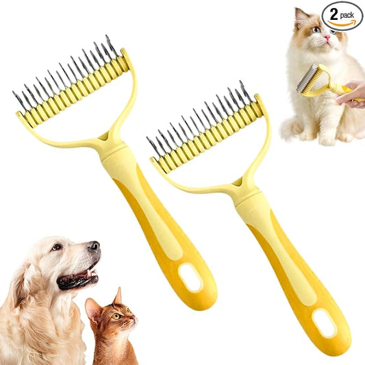Double-Sided Pet Grooming Brush, 2026 New Dematting Comb for Dogs and Cats, Deshedding Dog Brush Removes Tangles Knots and Loose Fur, Ergonomic Pet Grooming Tool for Thick Coats (2, Yellow)