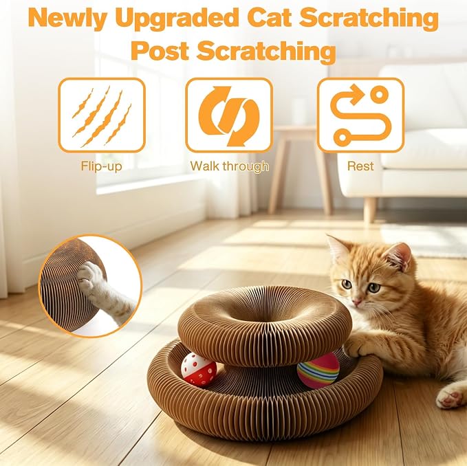2 PCS Magic Organ Cat Scratcher Board with 6 Balls, Foldable Recyclable Accordion Cats Toy with Ball and Track Adventure, Cat Scratching Pad, Retractable Reversible Furniture Protector(Brown)
