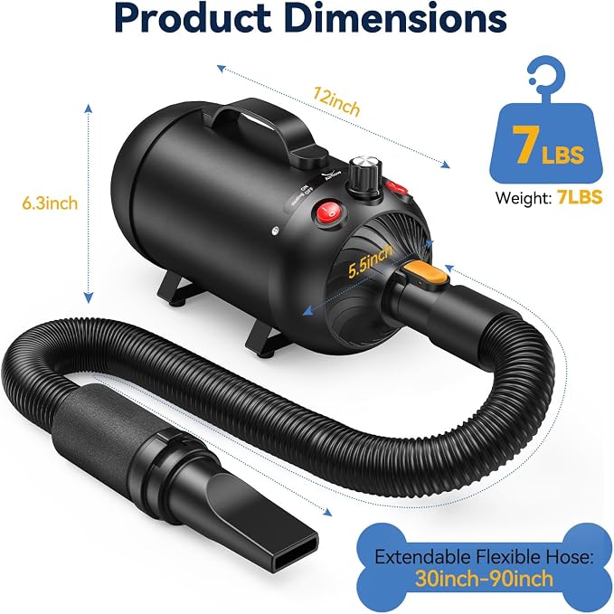 Dog Dryer, 2800W Dog Hair Dryer with Adjustable Speed and Heater, Professional Dog Blow Dryer with 4 Nozzles