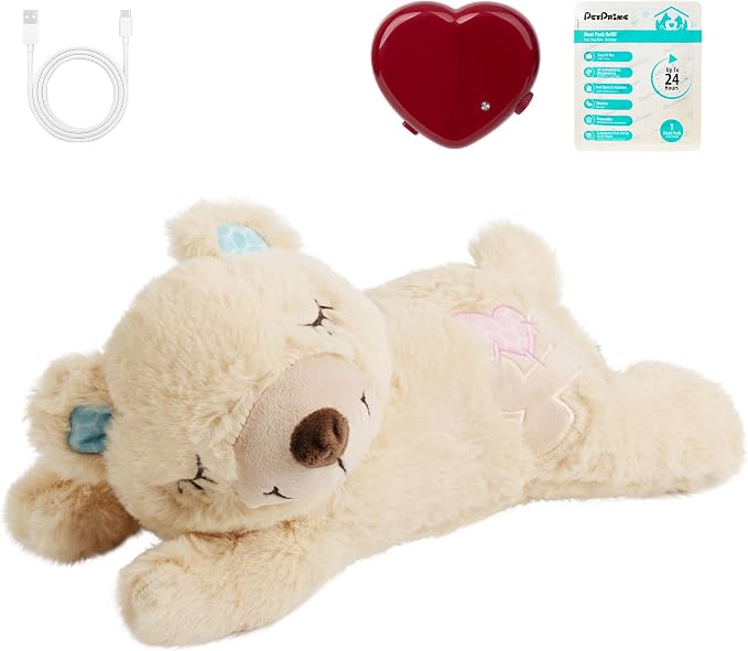 PetPrime Dog Plush Toy with Heartbeat for Puppies – Rechargeable with Timer & Adjustable Speed, Pet Soft Anxiety Puppy Toy,Includes 1 Disposable Heat Pack(Bear)