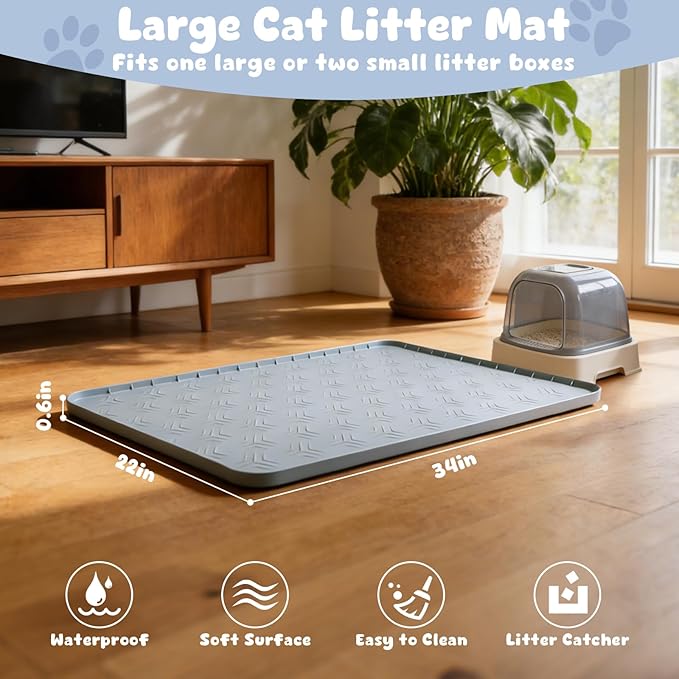 JUJOMAT Cat Litter Box Mat, 34"×22" Waterproof Silicone Cat Litter Trapping Mat Non-Slip Gray Kitty Litter Mat for Indoor Cats, Rubber Pet Food Mats with Lip Easy to Clean & Soft