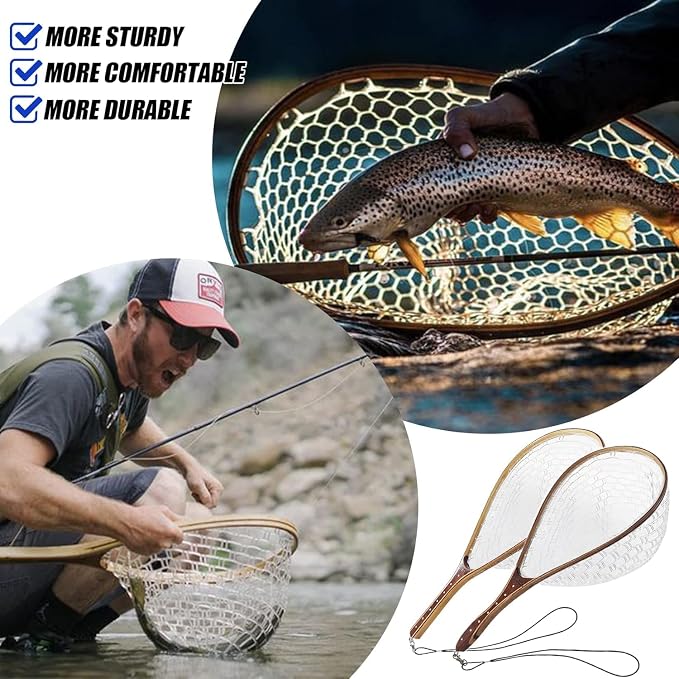 Riverruns Fly Fishing Net Landing Net Wooden Net Soft Rubber Mesh Trout Net Freshwater Saltwater Fishing Net with Safety Cord Net Gifts for Father Men