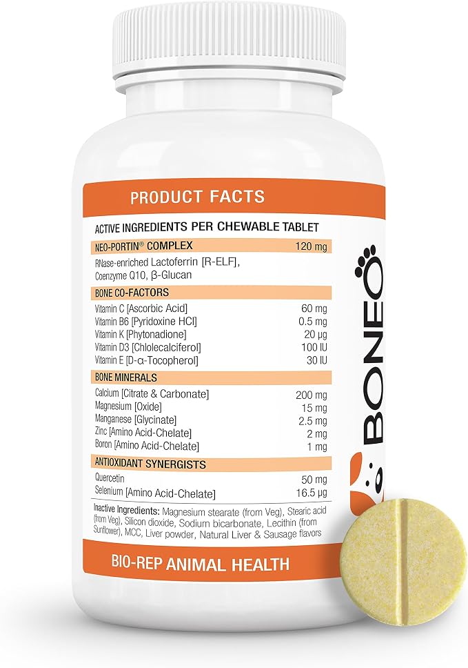Boneo Canine Lactoferrin for Dogs - Bone & Joint Supplement for Dogs, Supports Bone Strength, Joint Health & Mobility, Liver & Sausage Flavor, 90 Ct Dual Pack Chewable Tablets