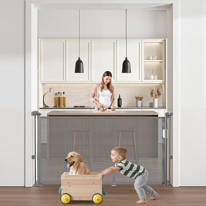 VEVOR Retractable Baby Gate, 34 inch Tall, Extends up to 55 inch Wide, Retractable Gate for Kids or Pets, Mesh Material, Easy to Install for Indoor Stairs, Doorways, Hallways, Playrooms, Gray
