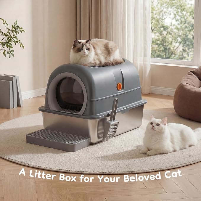 Extra Large Cat Litter Box with Lid, Stainless Steel Litter Box for Big Cats, Enclosed High Sided Kitty Pan with Scoop & Mat, Front & Top Entry with Door, Grey