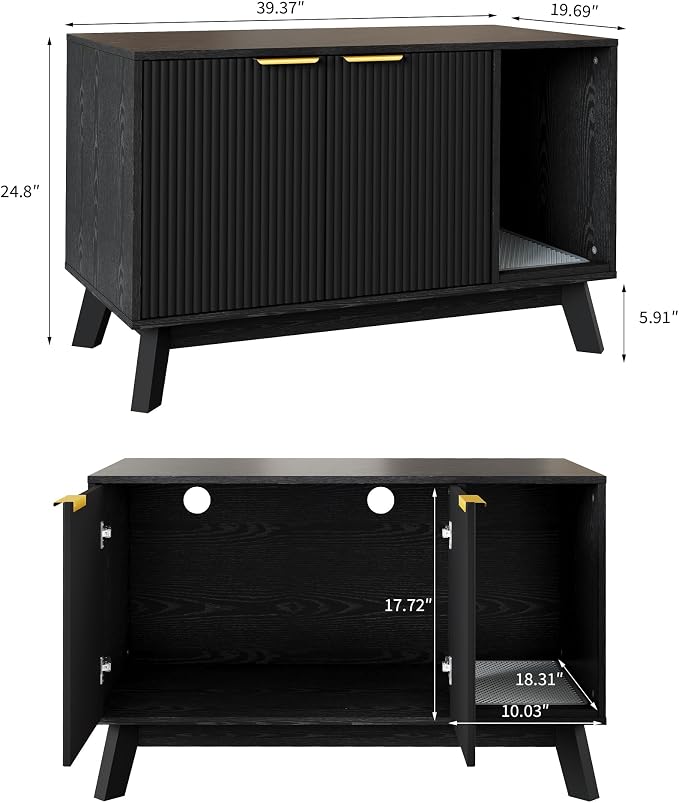 Garvee Cat Litter Box Enclosure, 39" Litter Box Enclosure Furniture Hidden Litter Box with Cat Litter Mat and Ventilated Holes, Modern Indoor Cat House, Side End Table for Living Room, Black