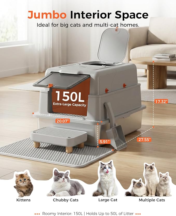 XXXL Stainless Steel Cat Litter Box with Lid, 27.5"×20.1"×17.3" Jumbo Enclosed Litterbox,Dual-Entry (Front Entry & Top Exit),High-Sided,Non-Stick,Odor Control,for Big Cats, with Mat,Scoop & Step,Grey