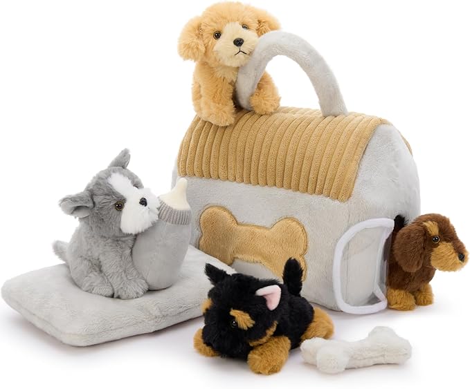 Muiteiur 8-Piece Dog House Plush Set, 9.8 Inch Plush Dog House Set with Cute 4 Puppies, Magic Gate, Bottle, Bed Pad & Bone, Interactive Pet Toy for Kids