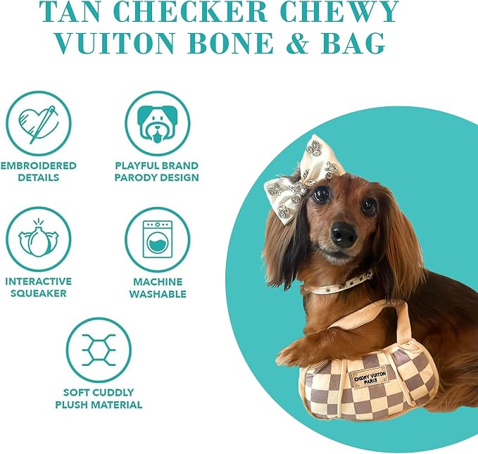 Haute Diggity Dog Chewy Vuiton Bone & Handbag Plush Squeaky Dog Toys, Soft Durable Designer-Inspired Stuffed Puppy Chew Toys for Medium & Large Dogs, Machine-Washable (Tan Checker) Large 2 Pcs