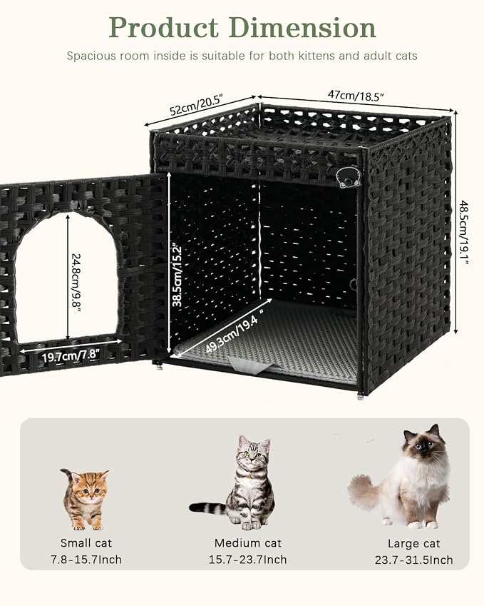 SETVSON Cat Litter Box Enclosure Furniture, Hidden Litter Box with Mat and Fence, Handwoven Rattan Cat House with Two S-Shaped Hooks for Living Room, Bedroom, 18.5 x 20.5 x 19.1 Inches (Black)