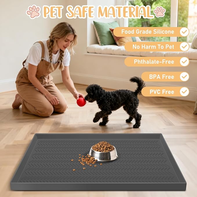 30”x 16” Silicone Dog Feeding Mat, Kalolary Waterproof Pet Feeding Mat with High Raised Edge Avoid Spill Out, Nonslip Dog Bowl Placemats Cat Feeding Mats for Floors Easy to Clean, Grey
