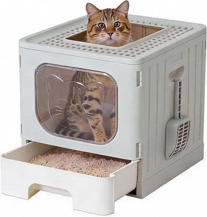 OLIXIS Foldable Cat Litter Box with Lid, Large Cat Box with Scoop, Front Entry Top Exit Kitty Litter Boxs with Door, Easy Cleaning Drawer Design Odor Control, Grey