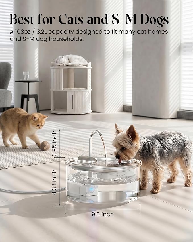 Tomxcute Glass Cat Water Fountain - 108oz/3.2L Ultra-Quiet Cat Fountain for Drinking, Elegant Easy to Clean Glass Pet Water Fountain for Cats, Small Dogs, Multiple Pets, Model Number P11G1