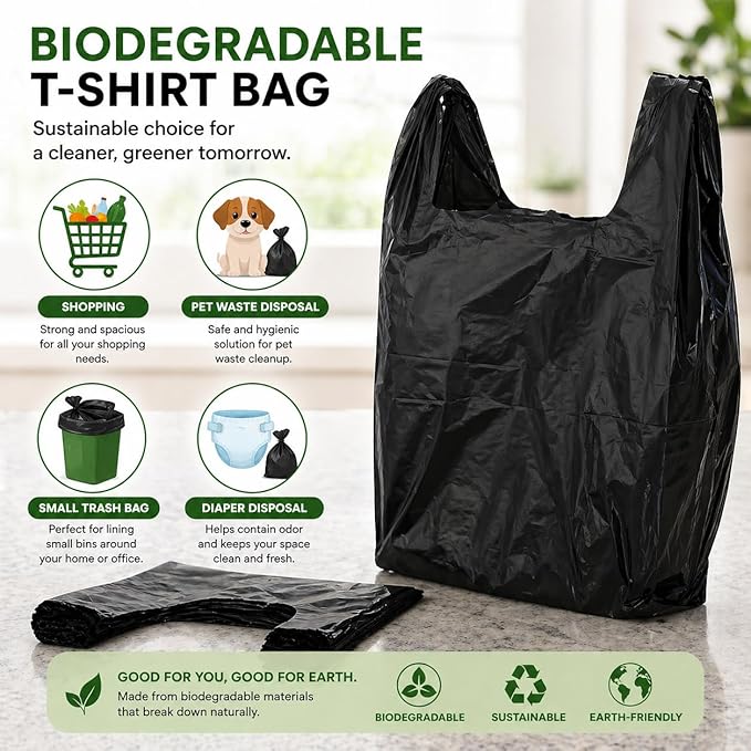 T-shirt Biodegradable Black Plastic Bag (600 ct.) Small Can Liners Thank You Grocery Shooping Size Doggy Poop Bags Compatible with Arm & Hammer Swivel Bin & Rake pooper scooper Multipurpose Bags