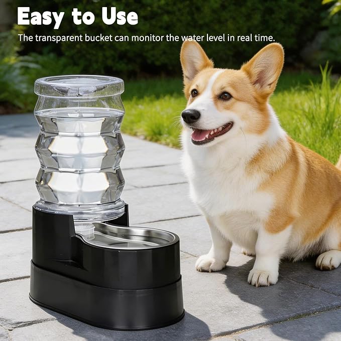 RIZZARI Stainless Steel Water Feeder: 7L Black Large Capacity & Automatic Gravity Dispenser - Elevated Anti-Spill Design for Senior Dogs with Spinal Issues - Garage Garden Use