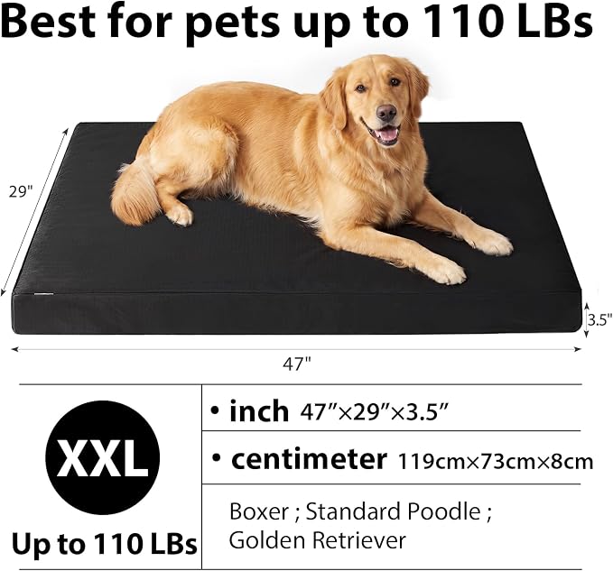 RRPETHOME 3.5" Indestructible Chew Proof Dog Beds for Aggressive Chewers,Durable Waterproof Fabic Chew Resistant Crate Dog Bed for Puppy Teething & Active Dog, Orthopedic Egg Foam（Black 47x29x3.5）