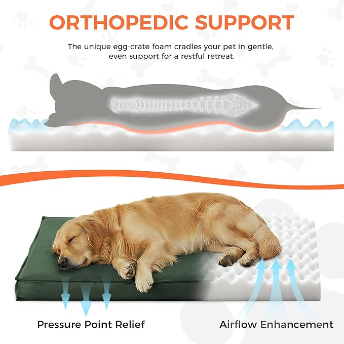 Outdoor Dog Bed for Medium Sized Dogs, Waterproof Dog Bed Medium, 36x27x3 Inch, Orthopedic Dog Bed with Removable Washable Cover, Flat Rectangle Pet Crate Pad for Kennel, Outside, Dark Green