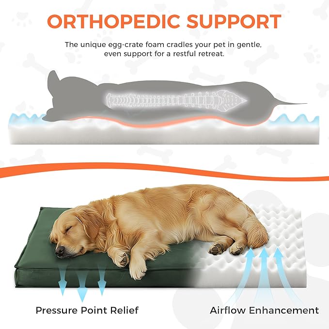 Outdoor Dog Bed Large Sized Dog, Waterproof Extra Large Dog Bed, 47x29x3.5 Inch, Orthopedic Dog Bed with Removable Washable Cover, Flat Rectangle Pet Crate Pad for Kennel, Outside, Dark Green