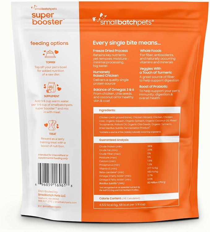 smallbatch Freeze Dried Dog Treats, Superfood Food Topper Chicken Bites for Dogs & Cats, Probiotics, Organic Ingredients, High Protein, Grain Free Healthy Treat Food Topper, Made in the USA, 7 oz Bag