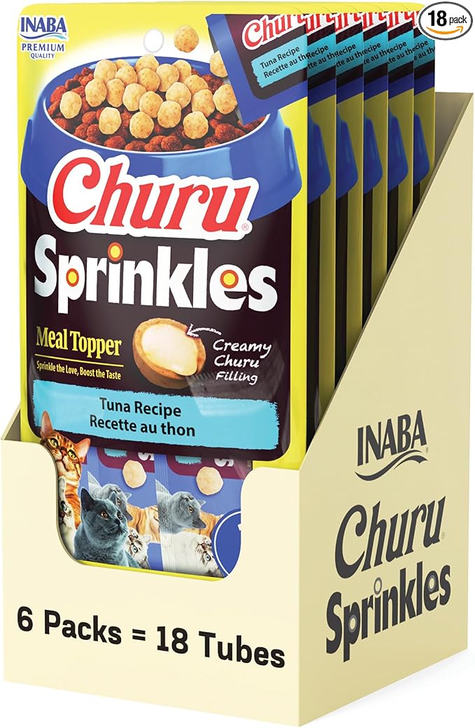 INABA Churu Sprinkles for Cat, Soft & Chewy Churu Filled, Baked Chicken Cat Treat Meal Topper with Vitamin E and Green Tea Extract, 1.05 oz. per Pack, 18 Packs Total, Tuna Recipe