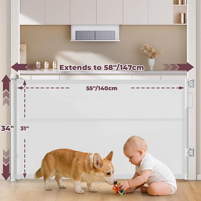 2Pack Retractable Baby Gates for Stairs, 58" Extra Wide Mesh Dog Gate for Doorways, Child Gate for Toddler Pet, Indoor and Outdoor Use, Easy Install, 34" Height, White
