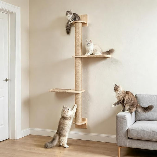 Wall Mounted Cat Tree 47inch, 3 Tier Wood Cat Tower with Natural Jute Rope, Cat Wall Shelves Wall-Mounted Scratching Post Adjustable Cat Tree Tower (3-Tier Cat Tree, Natural Sisal Color)