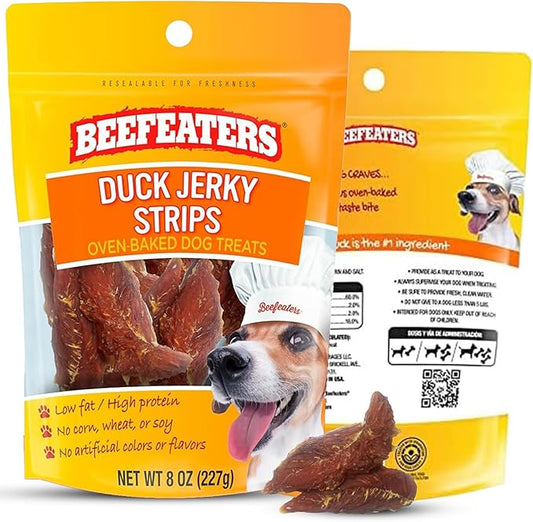 Beefeaters Duck Jerky Strips for Dogs 8oz, Oven-Baked High Protein Dog Treats Duck Jerky - Low Fat Grain-Free Dog Snacks - No Corn Wheat or Soy - Chewy Dog Jerky Treats for Training and Rewards