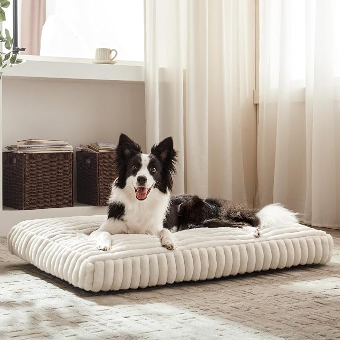 Dog Bed for Large Dogs, Orthopedic Dog Beds Washable with Removable Cover, Extra Thick Crate Bed Pet Mat with Shredded Chopped Foam & Anti-Slip Bottom, 35"x23"x4", Cream