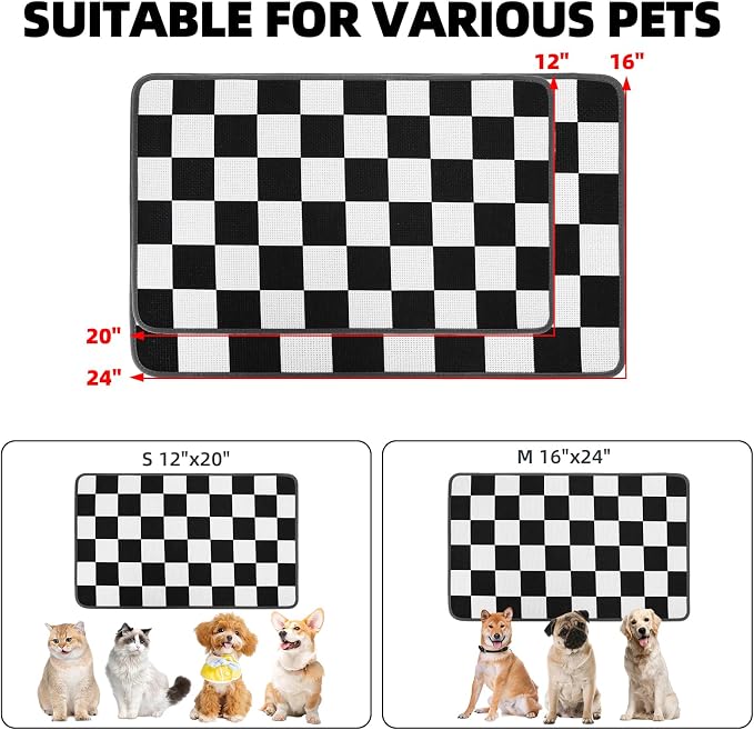 PUPTECK Dog Food Mat, Absorbent Pet Cat Feeding Mat for Food and Water Bowls, Anti-Slip Dog Placemat for Floors Waterproof, Pet Supplies Accessories, Black & White Checkered S