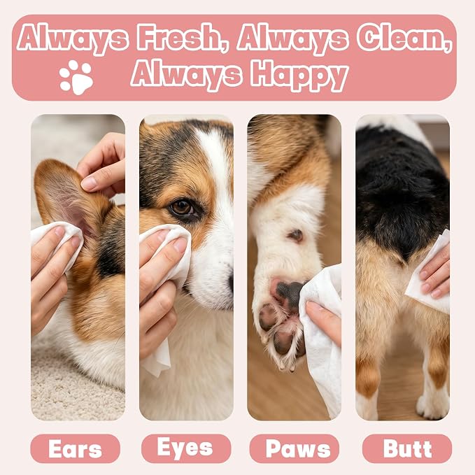 Hypoallergenic Dog Wipes for Paws & Butt, Extra Thick Plant Based Pet Wipes for Dogs & Cats, Alcohol-Free Lick-Safe Grooming Wipes, 80 Count