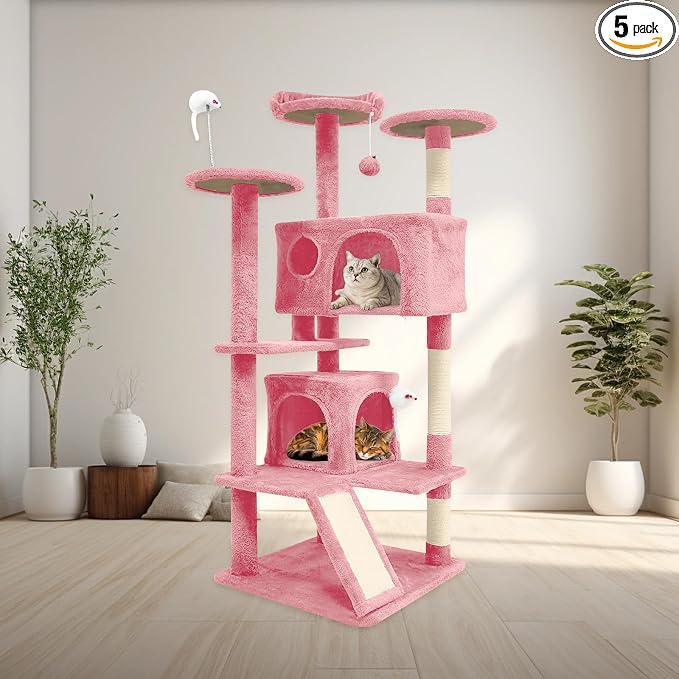 Cat Tree Tower for Indoor Cats,Cat House with Sisal Scratching Post,Multi-Level Cat Condo and 3 Large Platforms (Pink)